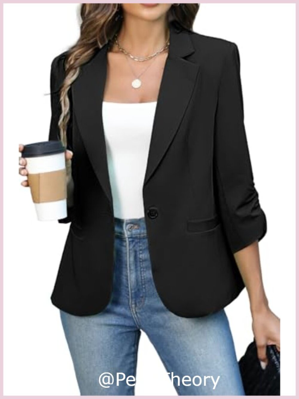 ELLEVEN Women's Ruched 3/4 Sleeve Blazer Lightweight Fitted Business Casual